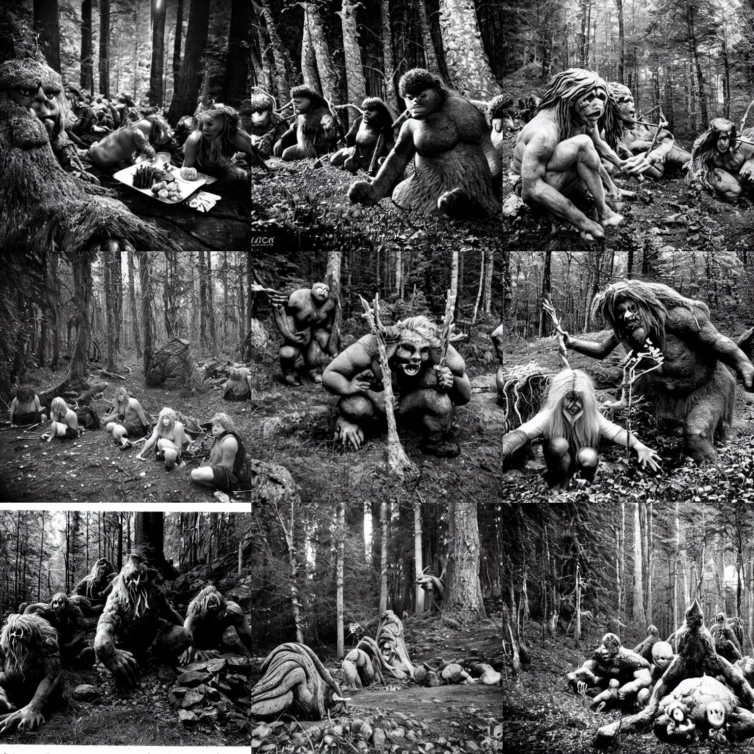 Prompt: night - time night flash blitz photograph of large mountain trolls eating picnic mythical fantasy norwegian trolls in forest, flash photograph, midnight, at night, haunted, black and white, blair witch project, creepy, scary ( 1 9 9 0 )