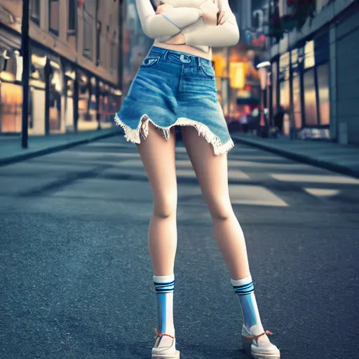 Image similar to a very beautiful anime girl, full body, long golden hair, sky blue eyes, full round face, short smile, mini jeans skirt, cute top, urban setting, cinematic lighting, medium shot, mid-shot, highly detailed, trending on Artstation, Unreal Engine 4k, cinematic wallpaper by Stanley Artgerm Lau, WLOP, Rossdraws, James Jean, Andrei Riabovitchev, Marc Simonetti, and Sakimichan