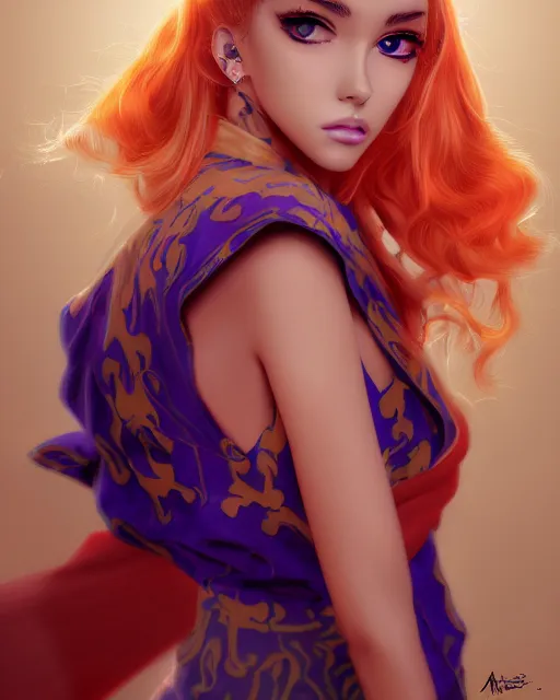 Image similar to portrait of madison beer, beautiful, elegant colorful, inspired by steel ball run manga, artstation trending, deviantart, highly detailed, focus, smooth, illustrated by hirohiko araki