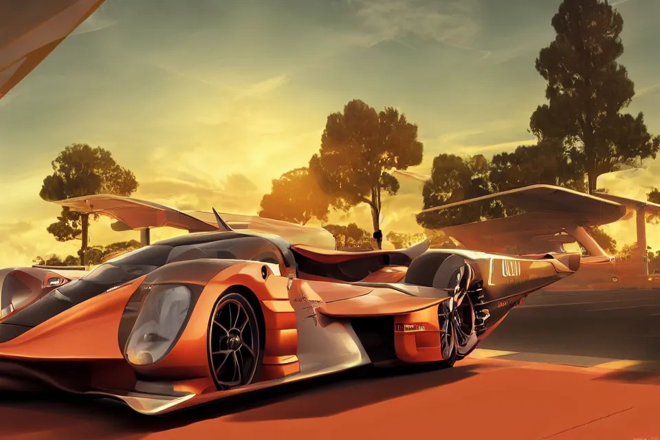 Image similar to Futuristic Hover Car Le Mans Races In Italy Circa Year 10,0000 Designed by Syd Mead and Pininfarina, beautiful sunset, photorealistic, hyperrealistic, octane render, HDR, IG Studios Anime Style