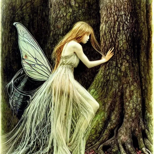 Image similar to fairy of the forgotten wood. highly detailed, hyper detailed, art by alan lee