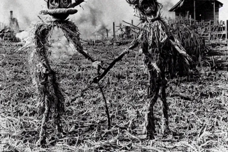 Image similar to horrifying scarecrow from the early 1 9 0 0's burning down the cornfields