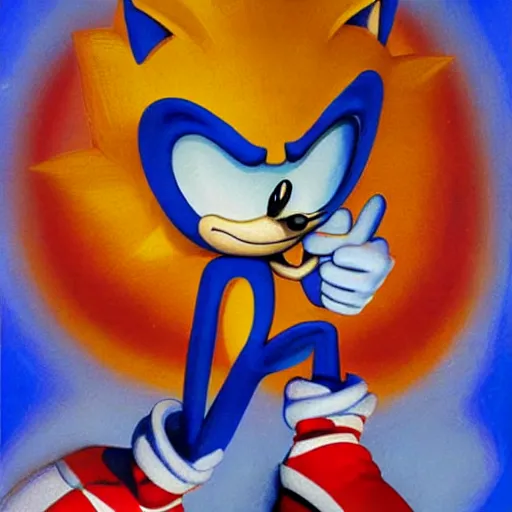 Prompt: a psychedelic, surrealist painting of classic Sonic the Hedgehog, Sega, 1991