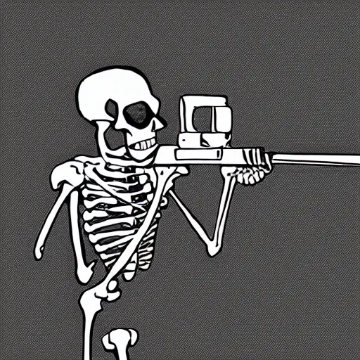 Prompt: digital drawing of an angry skeleton shooting a gun, black and white