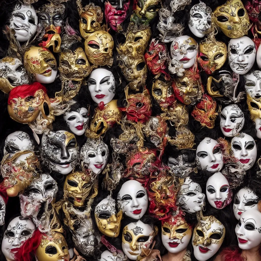 Image similar to An amalgamation of many faces is wearing Venetian masks, as a bizzare photo of the year portrait winning photography