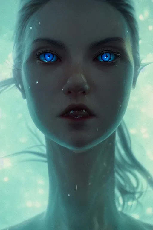 Image similar to A women with glowing blue eyes by Greg Rutkowski, beeple, Sung Choi, Mitchell Mohrhauser, Maciej Kuciara, Johnson Ting, Maxim Verehin, Peter Konig, final fantasy, macro lens, 35mm, 8k photorealistic, cinematic lighting, HD, high details, dramatic, dark atmosphere, trending on artstation