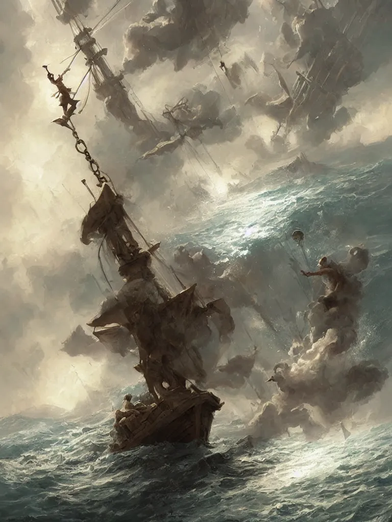 Image similar to sailor tossing an anchor overboard a ship in the baroque era, hearthstone art style, epic fantasy style art by Craig Mullins, fantasy epic digital art, epic fantasy card game art by Greg Rutkowski