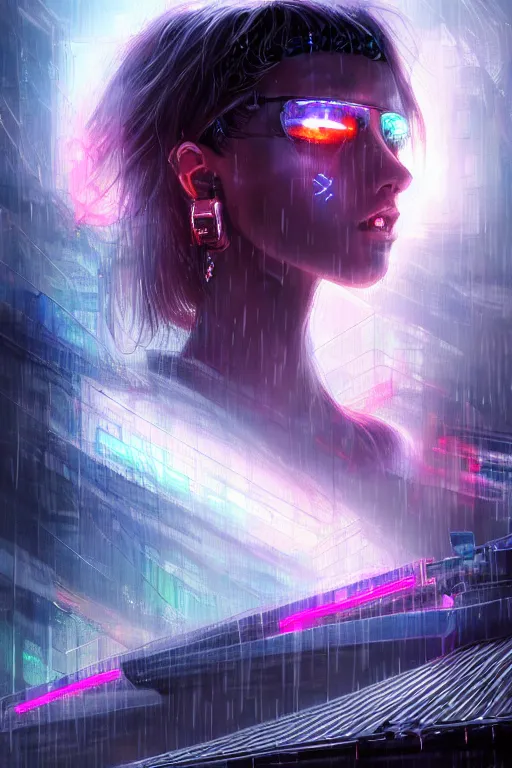 Prompt: portrait futuristic demonic cyberpunk young female pirate, in futuristic stormy thunder rainning tokyo rooftop cyberpunk night, ssci-fi, fantasy, intricate, very very beautiful, elegant, neon light, highly detailed, digital painting, artstation, concept art, soft light, hdri, smooth, sharp focus, illustration, art by tian zi and craig mullins and WLOP and alphonse mucha