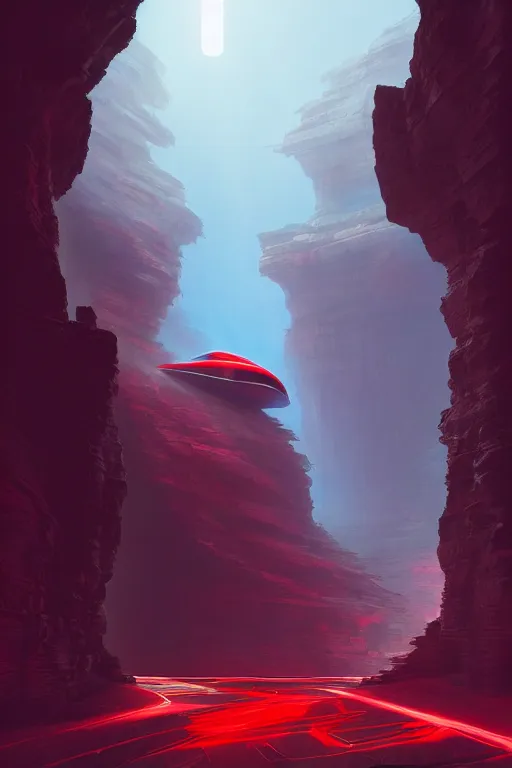 Image similar to red glowing temple designed by zaha hadid in a canyon, shooting stars, dramatic lighting, artstation, matte painting, ralph mcquarrie, simon stalenhag