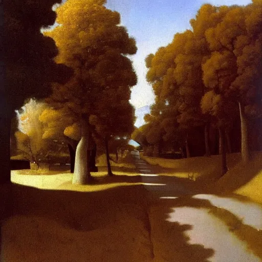 Prompt: \'The road to the autumn rainbow\' a photorealistic oil acrylic painting by Johannes Vermeer