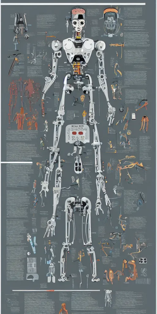 Prompt: anatomy of the terminator, robot, cyborg, t100, diagrams, infographic by Wes Anderson and victo ngai