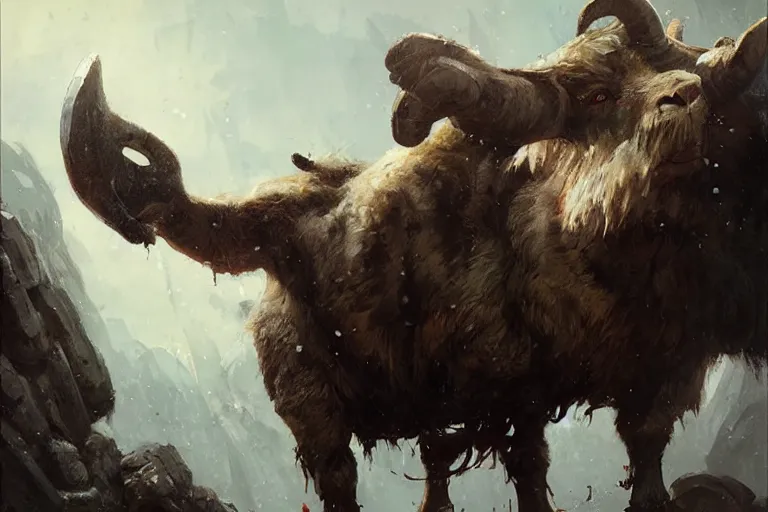 Prompt: hill giant wielding a goat as a weapon, horrifying brute by greg rutkowski, detailed painting