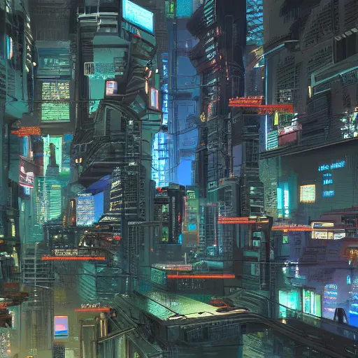 Prompt: large cyberpunk city, side view