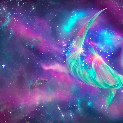 Image similar to spirit fish flying in the cosmos, beautiful nebulas, swirling cosmic clouds, galaxies, stars, 4 k, 8 k, ultra detailed, digital illustration