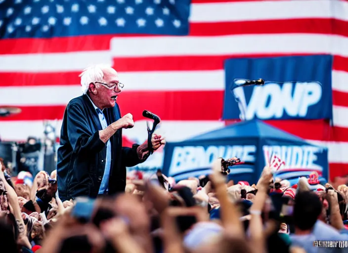 Image similar to photo still of bernie sanders at vans warped tour!!!!!!!! at age 8 0 years old 8 0 years of age!!!!!!! on stage shredding guitar, 8 k, 8 5 mm f 1. 8, studio lighting, rim light, right side key light