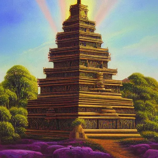 Image similar to a beautiful painting of a monument thathowe, a sacred site, pagoda, lightbeams, royal jewels, majestic medieval art by james gurney, no copyright name, aztec jad