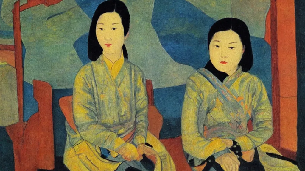 Prompt: an asian woman synthetism artwork
