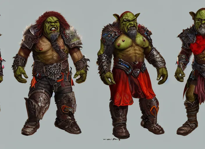Prompt: three different views of orcs in armour, colourful digital concept art by senior character artist, trending on artstation, artstation hd, full body, ultra - realistic! intricate!