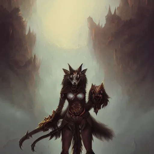 Image similar to anthropomorphic wolf woman wearing armor, digital painting, fantasy, ethereal, brooding, hellish background, art by peter mohrbacher, trending on artstation