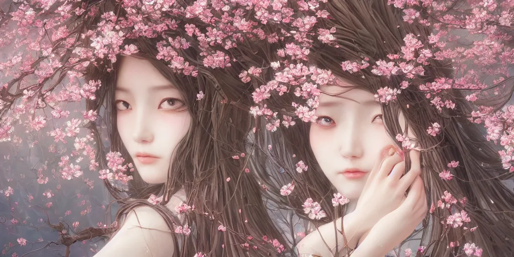 Prompt: breathtaking detailed concept art painting of the goddess of cherry blossom, orthodox saint, with anxious, piercing eyes, ornate background, amalgamation of leaves and flowers, by Hsiao-Ron Cheng, James jean, Miho Hirano, Hayao Miyazaki, extremely moody lighting, 8K
