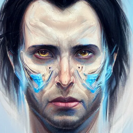 Image similar to Portrait of a man by Greg Rutkowski, he is about 30 years old, messy long black hair, tired appearance, roman nose, he has become some sort of biomechanical transhuman god with eyes that glow electric blue, peaceful but sad expression, highly detailed portrait, digital painting, artstation, concept art, smooth, sharp foccus ilustration, Artstation HQ.