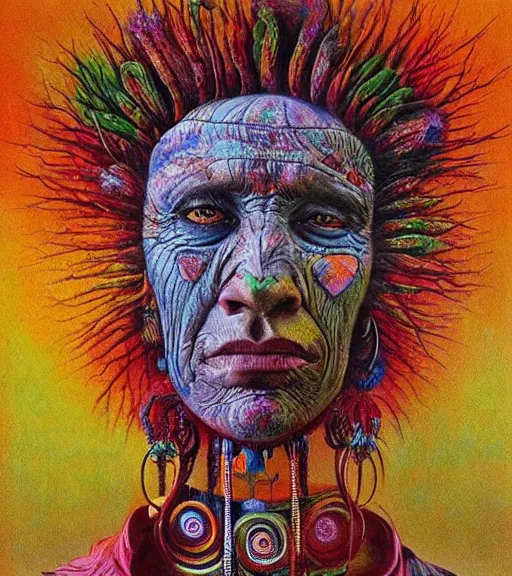 Image similar to Portrait painting in a style of Beksinski mixed with Alex Grey of an old shaman dressed in a colorful traditional clothes. psychodelic