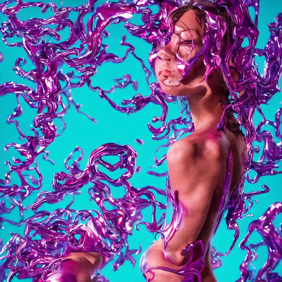 Prompt: flume_and flume_and_former_cover_art_future_bassgirl_unwrapped_statue_bust_curls_of_hair_petite_lush body_photography_model _body_art_full body futuristic chrome ass_material simple background style of Jonathan Zawada Thisset vivid colours