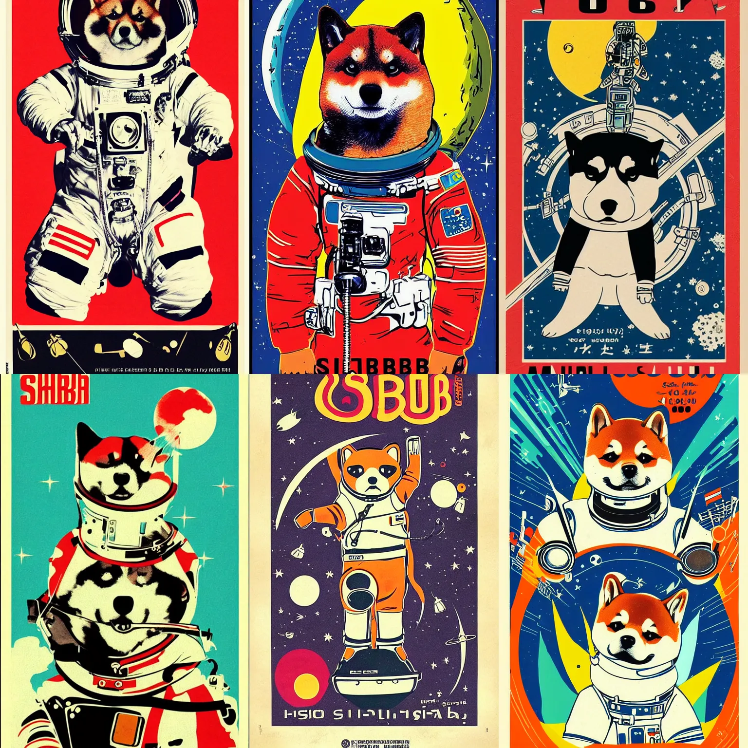 Image similar to Shiba Inu cosmonaut, 60s poster, in the style of a music poster 1968