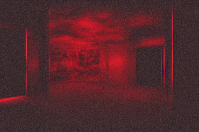 Prompt: cctv of an extremely dark empty room with evil horror cryptid monster made out of static, dark deep black shadows, crimson red and black color contrast in the style of trevor henderson and james ensor goya, liminal space, 3 d render, glitch effect