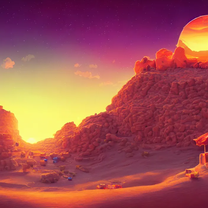 Prompt: desert made from icecream and candies, caramel colorful sun, luminescent sky, handsome, intricate, detailed, volumetric lighting, scenery, digital painting, highly detailed, artstation, sharp focus, illustration, 8 k, hyper realistic, magic world, cartoon