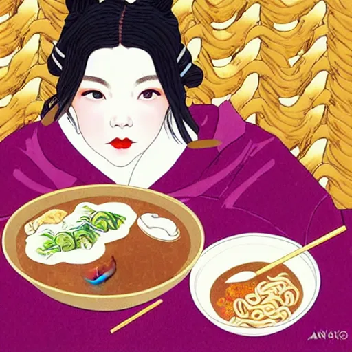 Prompt: beautiful japanese female model eating ramen soup portrait in the style of art nouveau anya taylor - joy