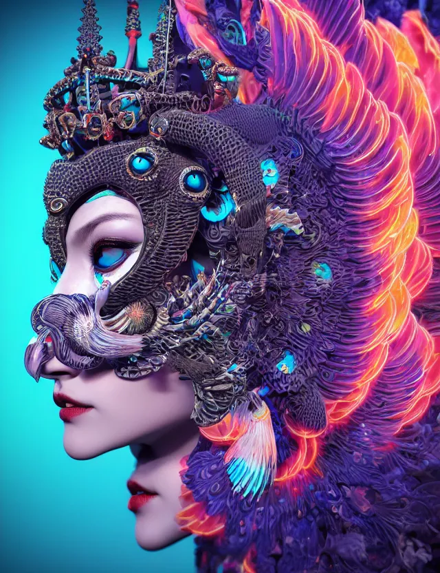 Image similar to 3 d goddess close - up profile portrait with crown, ram skull. beautiful intricately detailed neon japanese crow kitsune mask and clasical japanese kimono. betta fish, jellyfish phoenix, bio luminescent, plasma, ice, water, wind, creature, artwork by tooth wu and wlop and beeple and greg rutkowski