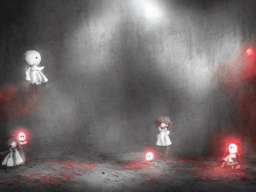 Prompt: cute fumo plush girl ghosts playing in a mysterious concrete wartorn brutalist ruin, ominous bright red lights, chibi gothic maiden in tattered rags, dramatic three point lighting, glowing wisps of hazy smoke and volumetric fog swirling about, vray