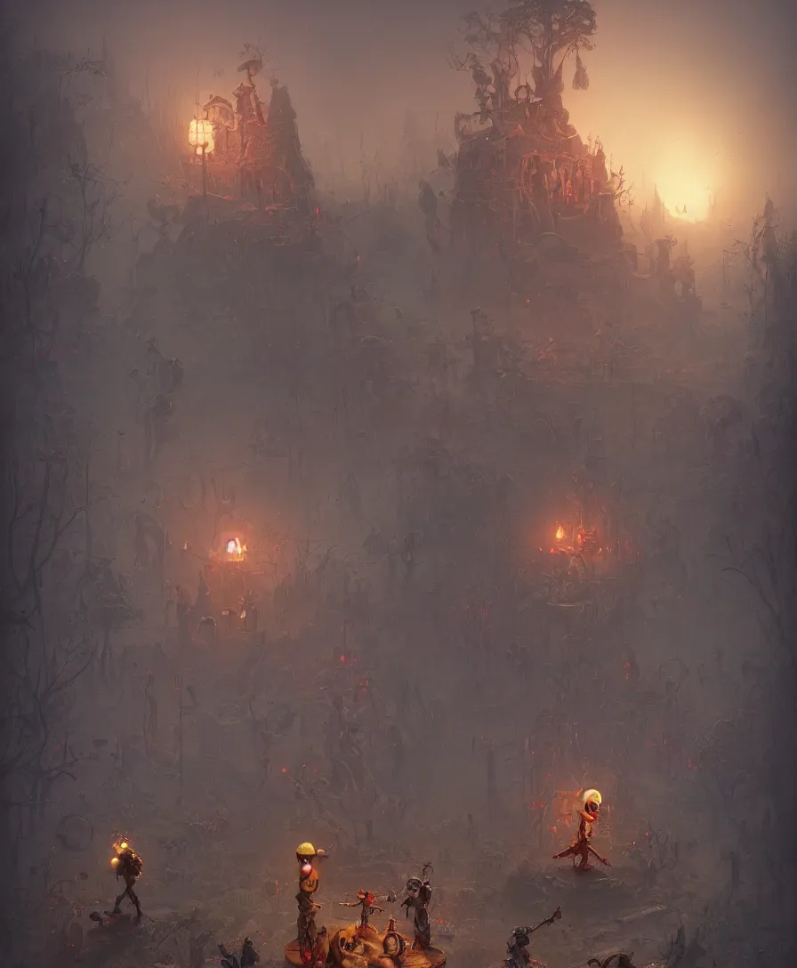 Prompt: skull clown afterlife, illustrated by Simon Stålenhag and Gaston Bussiere, 35mm lens, rule of third, beautiful volumetric-lighting-style atmosphere, intricate, ultra detailed, photorealistic imagery, trending on artstation, 4k, 8k