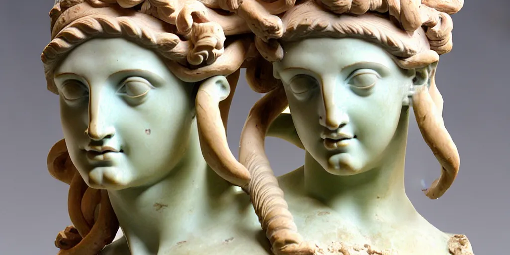 Image similar to ancienr greek sculpture, bust, multiple poses, flawless beauty, young woman as medusa