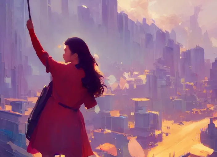 Prompt: gorgeous inspiring girl enthusiastically waving a red flag over her head to lead people in a Mandelbrot fractal bustling utopian NY by Craig Mullins, ilya kuvshinov, krenz cushart, artgerm trending on artstation by Edward Hopper and Dan Mumford and WLOP and Rutkovsky, Unreal Engine 5, Lumen, Nanite, low poly