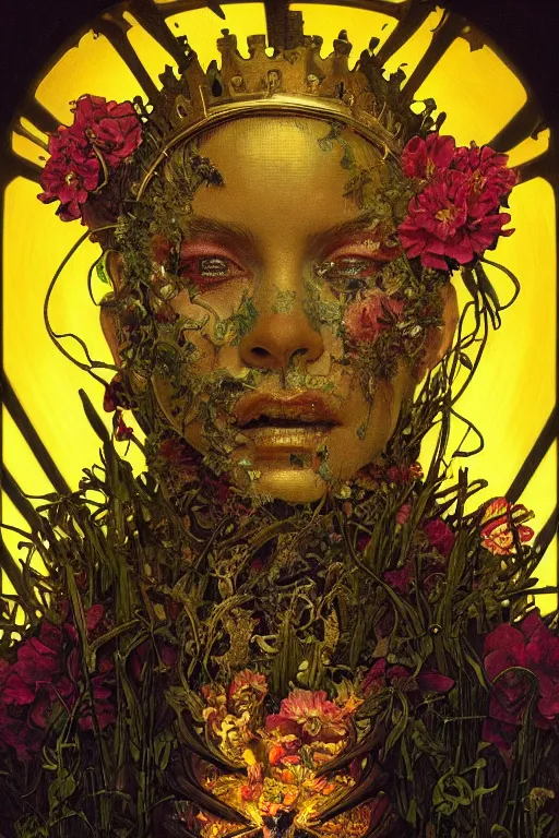 Prompt: a close-up portrait of a monster with a intrincate crown made of flowers, dramatic backlighting, golden hour, autochrome, high contrast, highly detailed, sharp focus, digital painting, concept art, illustration, cyberpunk, solarpunk, trending on artstation, art by greg rutkowski and greg hildebrandt, composition by alphonse mucha