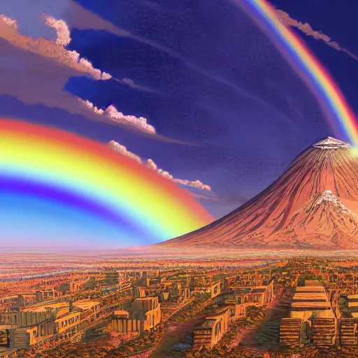 Image similar to a detailed matte painting of noah's ark, double rainbow in a clear blue sky, mount ararat, art by dan mumford and yusuke murata and makoto shinkai and ross tran, cosmic, heavenly, god rays, intricate detail, cinematic, 8 k, cel shaded, unreal engine, featured on artstation, pixiv