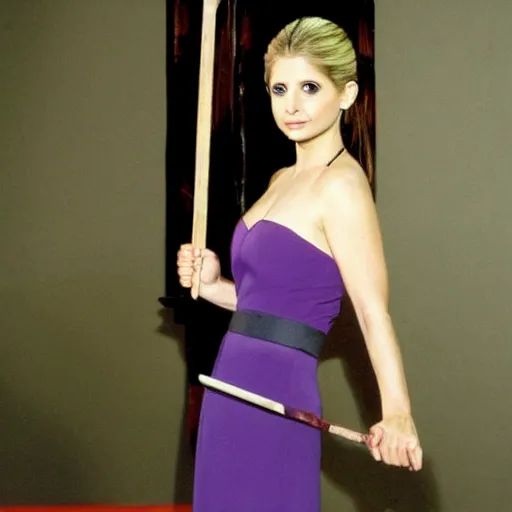 Image similar to sarah michelle gellar, buffy the vampire slayer, holding a stake, in the style of jo chen