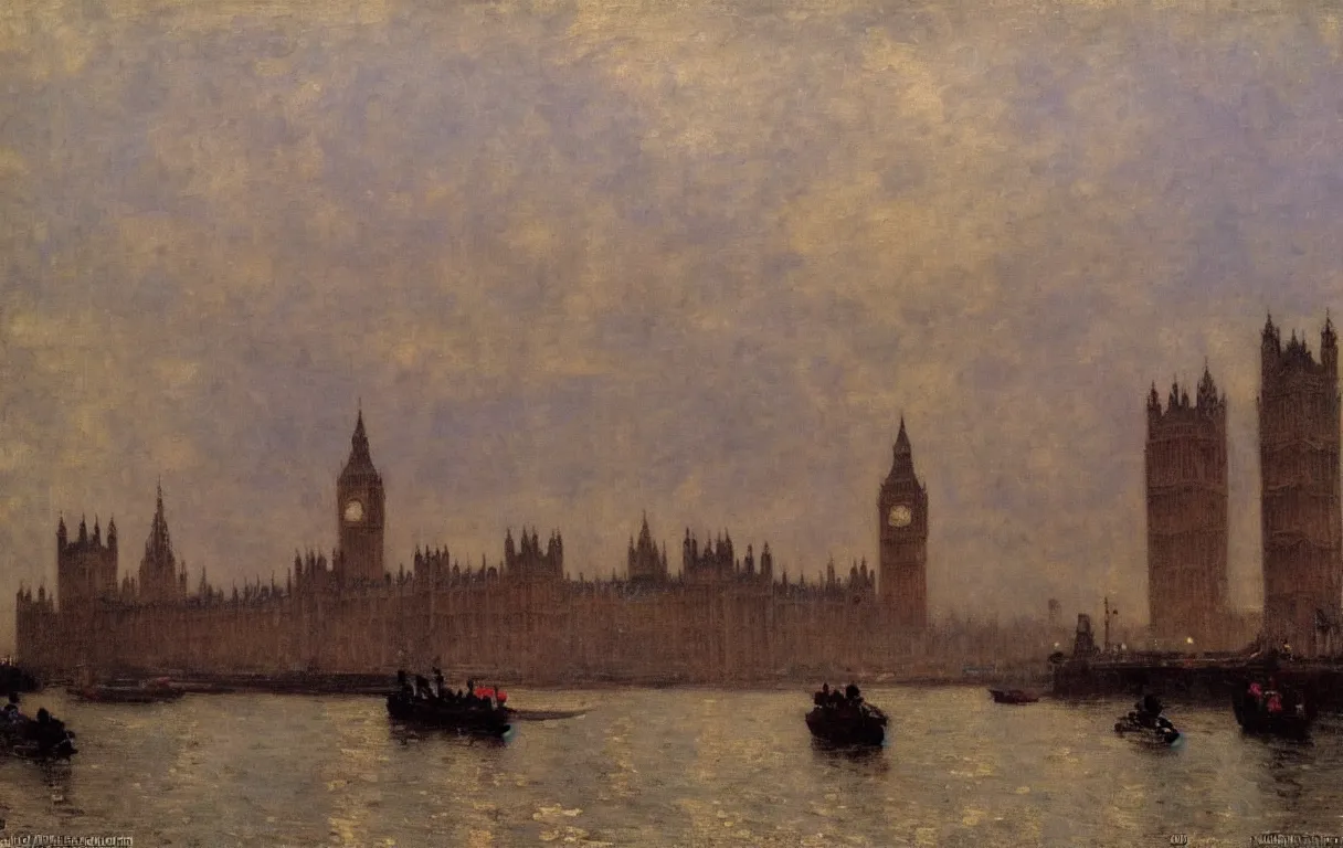 Image similar to the houses of parliament, 1915, gloomy weather highly detailed oil on canvas, by Ilya Repin