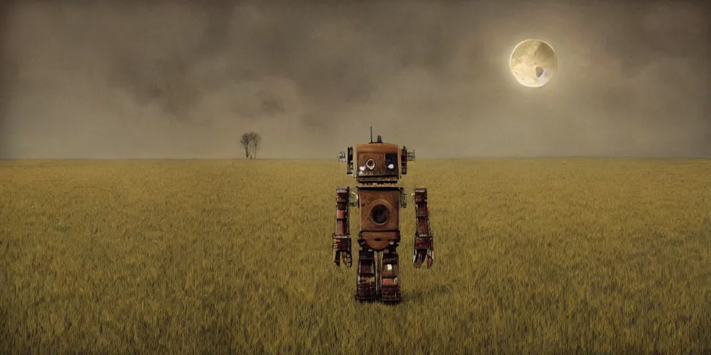 Prompt: a single colossal rusty old robot sad and alone in an empty field in the countryside with a barn on a bright sunny day by wes anderson and james c christensen and anka zhuravleva sharp digital painting. dreaming latent space. matte painting, concept art. artstation. digital render.