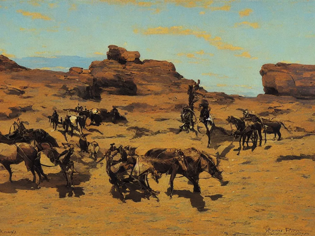 Image similar to a beautiful landscape painting by frederic remington, trending on arstation