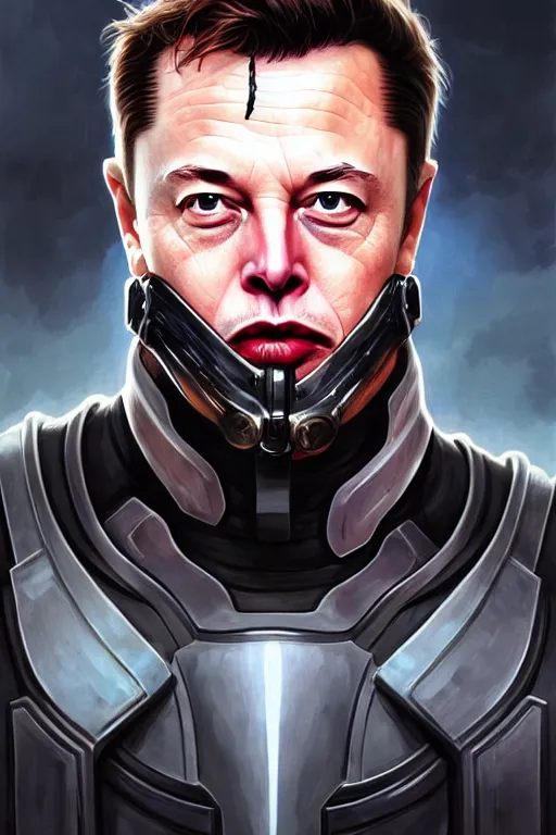 Image similar to elon musk as bane from batman, realistic portrait, symmetrical, highly detailed, digital painting, artstation, concept art, smooth, sharp focus, illustration, cinematic lighting, art by artgerm and greg rutkowski and alphonse mucha