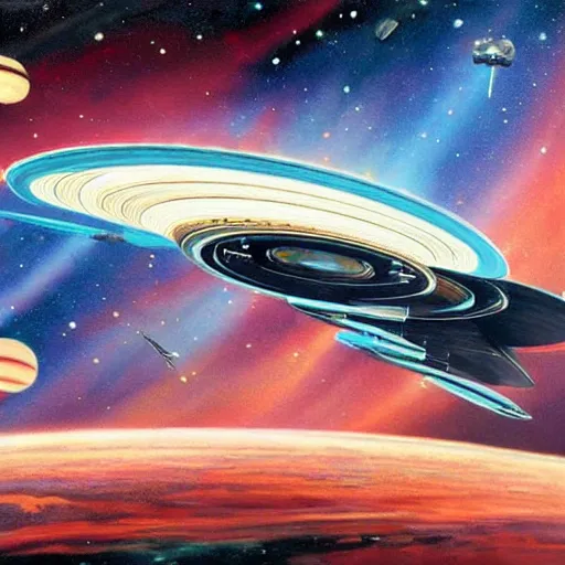 Image similar to U.S.S. Enterprise from Star Trek, orbiting a planet, painted in the style of John Berkey