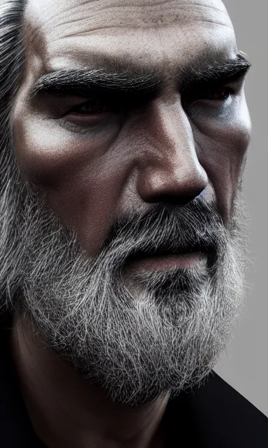 Prompt: face closeup covered with 5 0 year old man, grey black beard, long grey hair, symmetric face, 3 d render, hyper - realistic detailed portrait, ruan jia, wlop