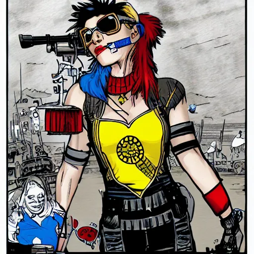 Image similar to tank girl comic, ultra detailed face, ukrainan flag