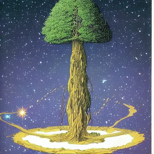 Prompt: a large tree hovering in space, rooted in a galactic crystal, by moebius