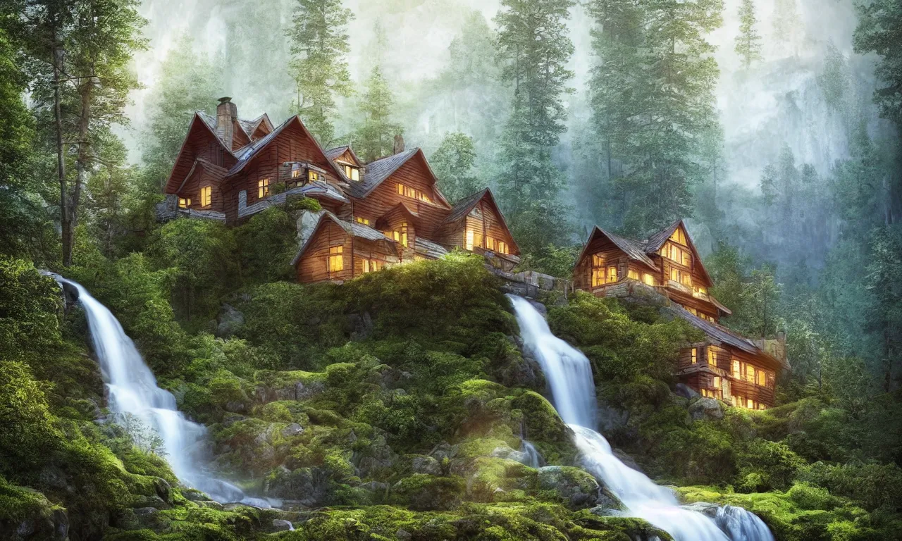 Image similar to beautiful large scandinavian house in the forest on a hill, a large waterfall flows down from the mountain in the background, vector art, fabulous, random cinematic view, no noise, global illumination, warm lighting, volumetric, by jordan grimmer