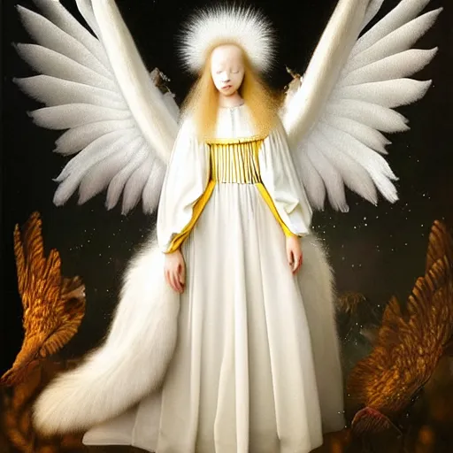 Image similar to highdetailed hyperrealistic painting of white angel!!! no gender!!!, giant ball of miracle light from the chest!!!!!, white sparkles everywhere, 4 k hd fur face!!!, big wings, by jan van eyck, holography space, glow effect, large strokes, white monochrome color!!!!!