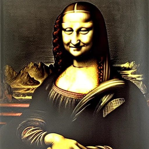 Image similar to a photo of Monalisa while painting a portrait of Leonardo Da Vinci,